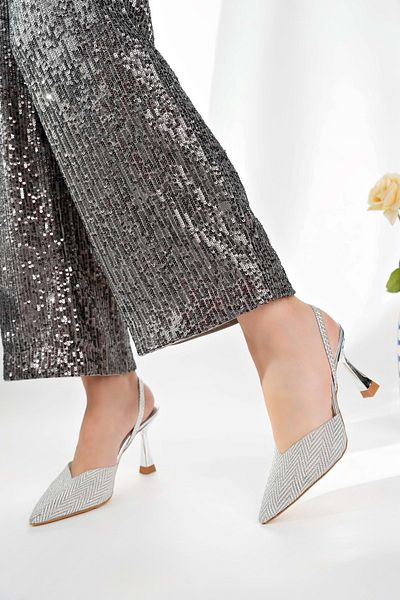 bulutmod Ba04567 Silver Women's Sequin Glitter Transparent Elastic Evening Dress 9 cm Heeled Shoes
