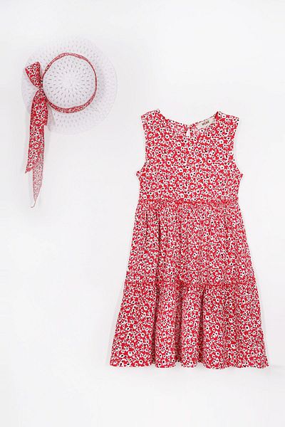 zepkids Crew Neck Zero Sleeve Floral Patterned Layered Hat Accessory Black Red Color Girl's Dress