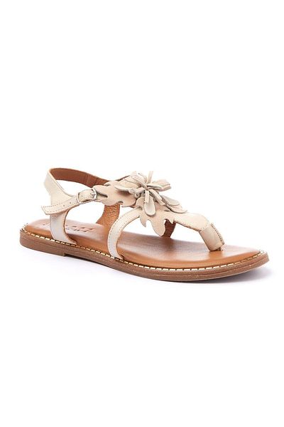 Deriderim Sandale de damă - piele de căprioară autentică albă, florale, talpă flip flop, piele naturală maro, curea la gleznă