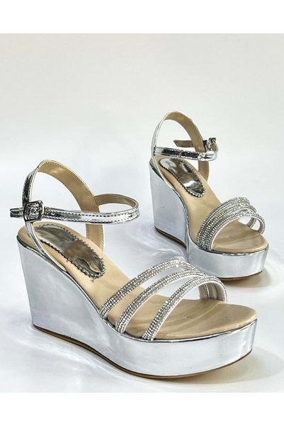 Bulut Ayakkabı Bulutmod Ba04099 Silver Women's Three Stone Evening Dress Daily Wedge Heeled Shoes - Silver - 37