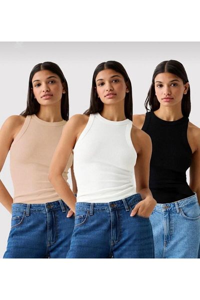 Actiwear 3-Piece Halter Neck Knitted Camisole Tank Top