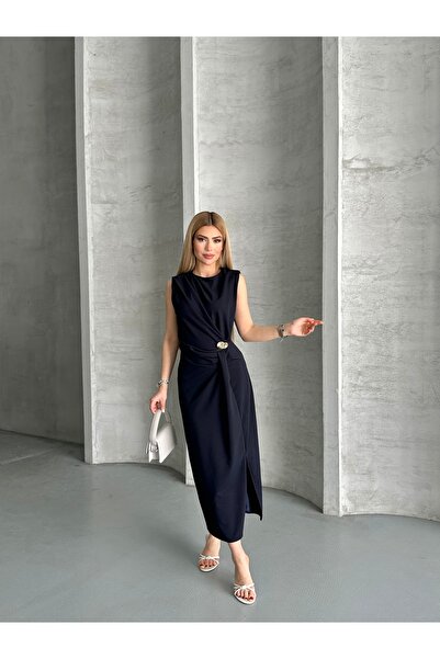 Moda Palmiss Női sötétkék kő részletes, hasított, stílusos Midi Linda ruha