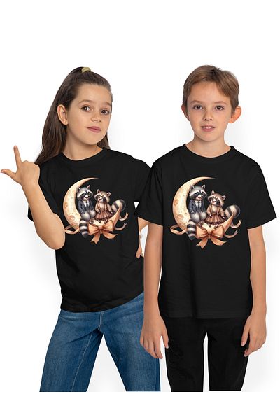 StoryGift Romania Children's T-shirt with 2 raccoons sitting on the crescent moon, illustration, feeling good, laughing, bow, friends