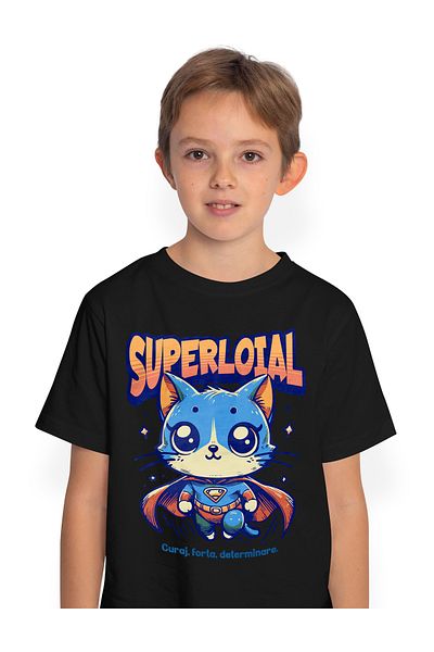 StoryGift Romania Kids Boys T-Shirt Super Loyal, Superhero, Flying Cat 100% Cotton, Unisex, Black, 10