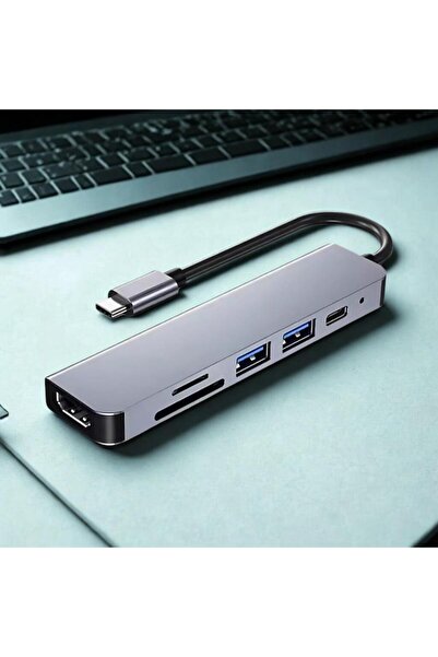 Polham 87w 6in1 Type C To 2x Usb, 1x 4k Hdmi, 1x Pd Type C, 1x Sd/tf Okuyucu Çoğaltıcı Hup Adaptör