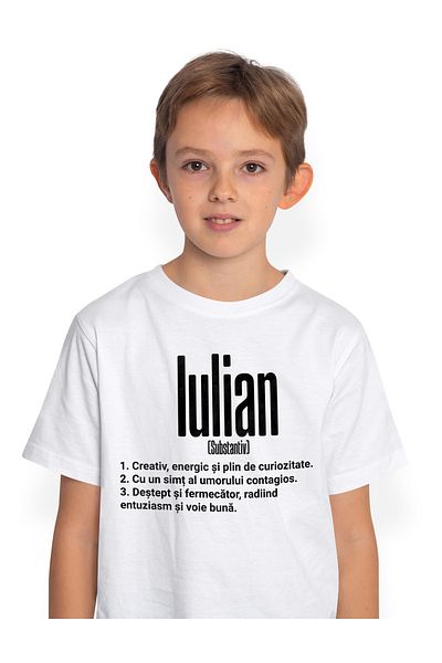 StoryGift Romania Tricou Copii Baieti Cu Numele Iulian, Cu Mesaj Motivational, Creativ, Energic, Curios, Des