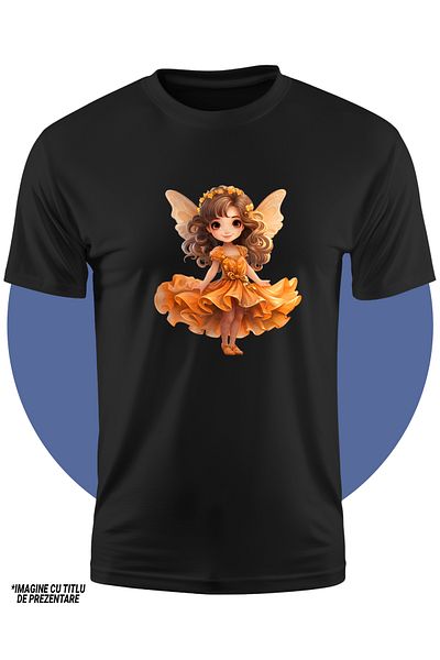 StoryGift Romania Kids T-shirt with a cute little girl wearing an orange dress, fairy wings, village hair