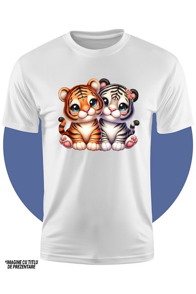 StoryGift Romania Children's T-shirt with 2 cheerful tiger cubs, illustration, blushing, flowers, friendship, appreciate