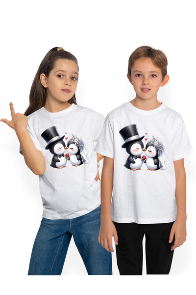 StoryGift Romania Tricou Copii cu 2 pinguini la nunta, ilustratie, sarut, mir...