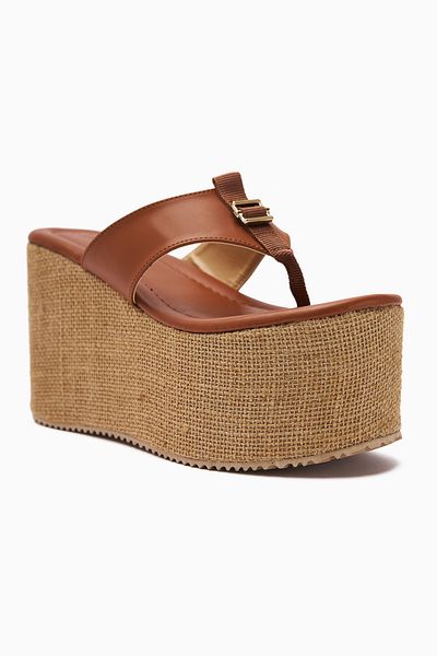 Limoya Tania Tan Flip Flops Straw Sole Wedge Heeled Women's Slippers