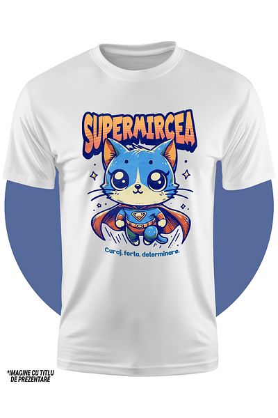StoryGift Romania Tricou Copii Baieti Super Mircea, SuperErou, Pisica Zburand 100% Bumbac, Unisex, Alb, 8 An