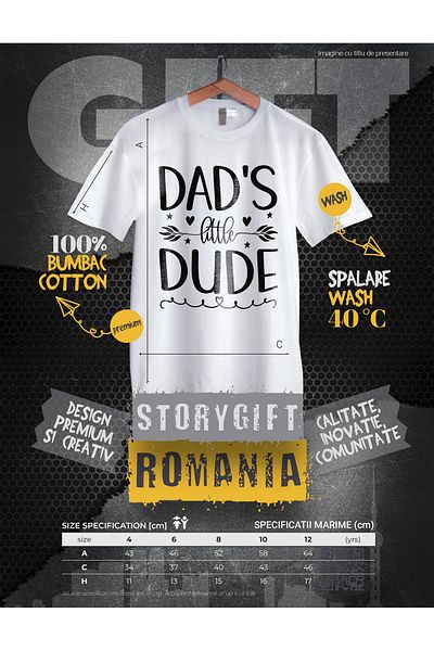 StoryGift Romania Tricou Copii cu inimioare pentru fiul micut al tatalui - mesaj in engleza 100% Bumbac, Uni