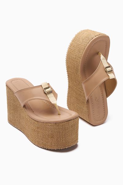 Limoya Tania Nud Flip Flops Straw Sole Wedge Heeled Women's Slippers