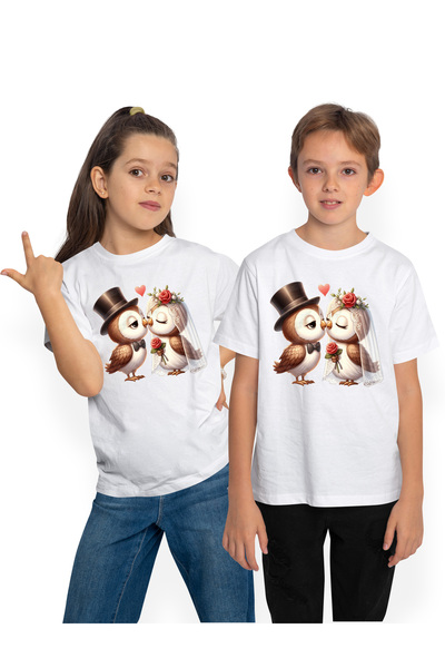 StoryGift Romania Tricou Copii cu 2 bufnite la nunta, ilustratie, casatorie, ...