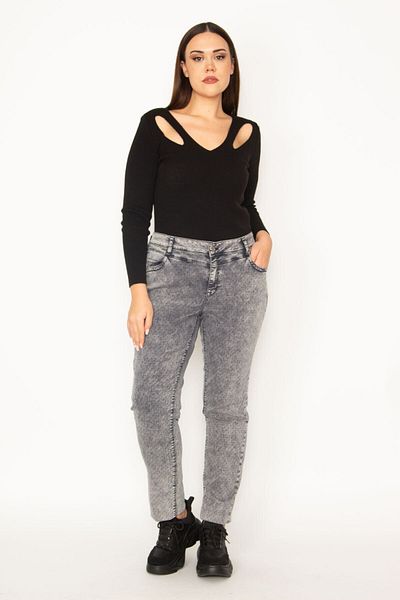 Şans Women's Large Size Gray Batik Nope Patterned 5 Pocket Lycra Jeans 65n30906