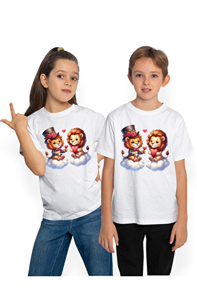 StoryGift Romania Tricou Copii cu 2 lei care stau pe norisori, ilustratie, fl...