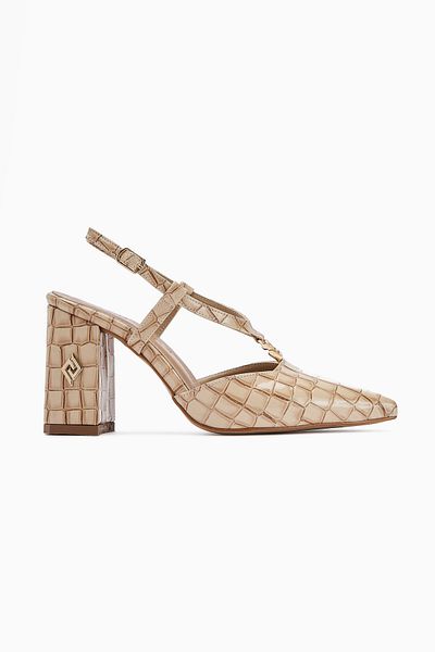 Limoya Celina Beige Crocodile Patterned Pointed Toe Women's Heeled Shoes
