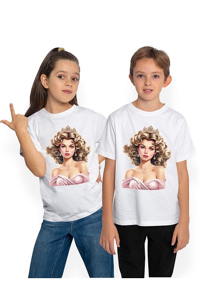 StoryGift Romania Children's T-shirt with a beautiful girl, illustration, royal crown, princess, dress, pink, earrings