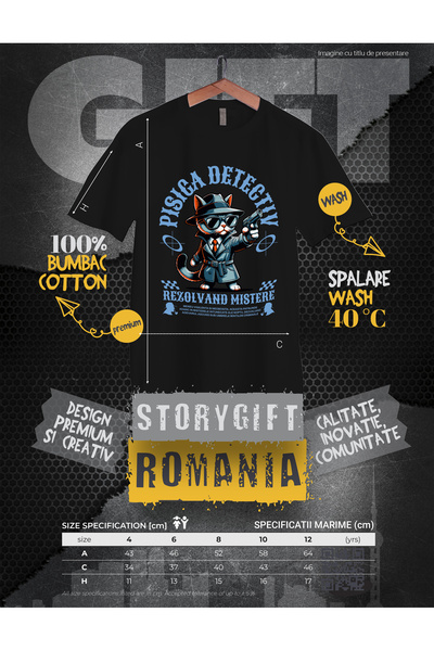StoryGift Romania Tricou Copii Pisica Detectiv Rezolvand Mistere - Sherlock Cat 100% Bumbac, Unisex, Negru,