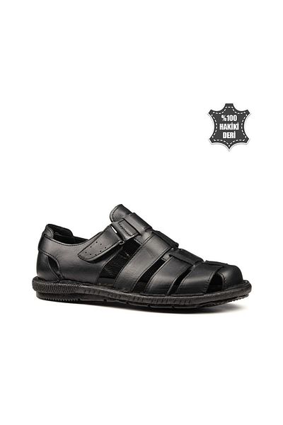 ALTUNTAŞ Full Orthopedic Genuine Leather Black Men's Sandals Slippers Velcro Shoes