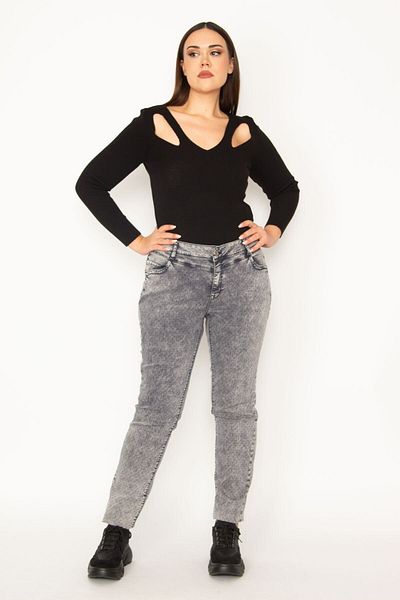 Şans Women's Large Size Gray Batik Nope Patterned 5 Pocket Lycra Jeans 65n30906
