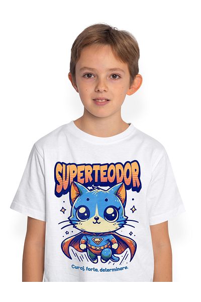 StoryGift Romania Children's T-shirt for Boys Super Teodor, Superhero, Flying Cat 100% Cotton, Unisex, White, 12 A
