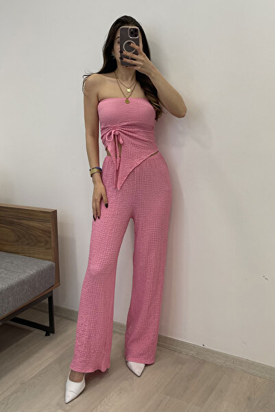 Nazline Front Tie Blouse Pants 2-Piece Top and Bottom Set