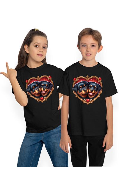 StoryGift Romania Children's T-shirt with a puppy and a dog, illustration, Rottweiler, heart-shaped frame, m