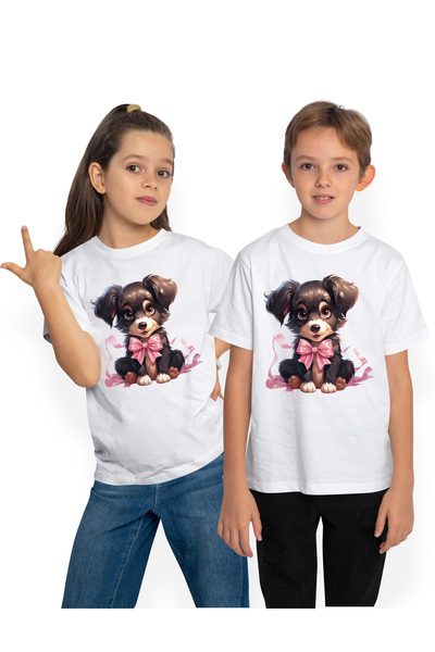 StoryGift Romania Tricou Copii cu o catelusa vesela, ilustratie, funda, roz, ...