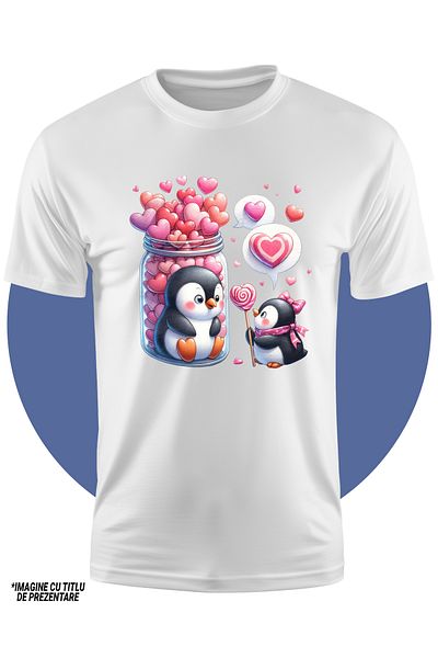 StoryGift Romania Tricou Copii Cu O Femela Pinguin Si Un Pinguin, Ilustratie, Sta In Borcan, Multe Inimioare