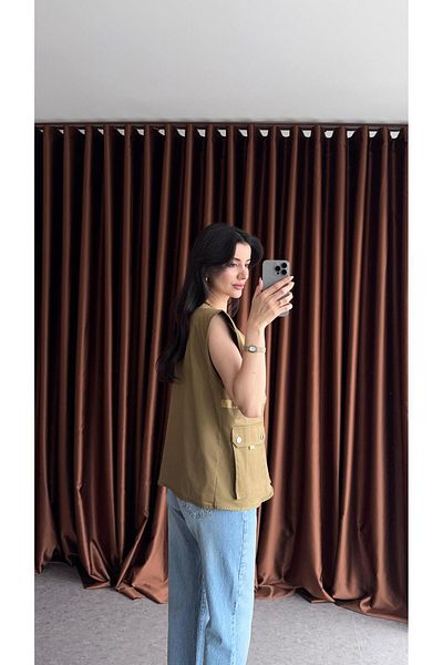 HAZELANNA Khaki Vest with Pockets
