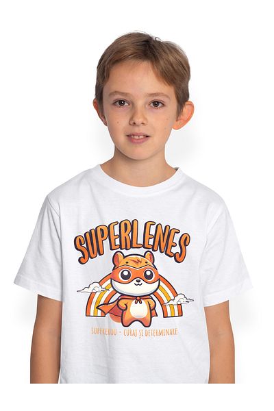 StoryGift Romania Tricou Copii Baieti Super Lenes - SuperErou, Curaj si Determinare 100% Bumbac, Unisex, Alb