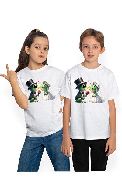 StoryGift Romania Tricou Copii cu 2 broaste la nunta, ilustratie, inimioare, ...