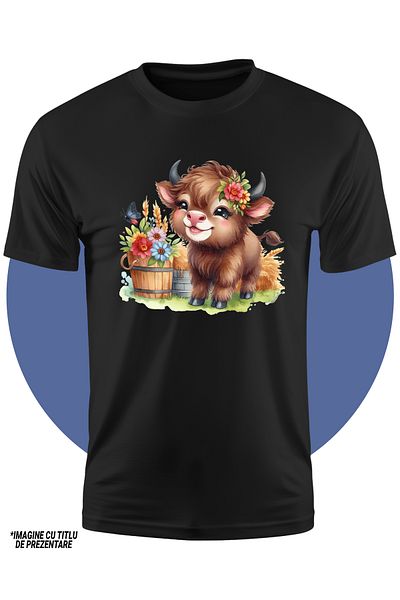 StoryGift Romania Children's T-shirt with a cheerful female bison, little one, illustration, wheat, flowers, bucket, happiness