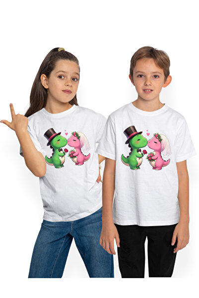 StoryGift Romania Tricou Copii cu 2 dinozauri la nunta, roz, verde, inimioare...