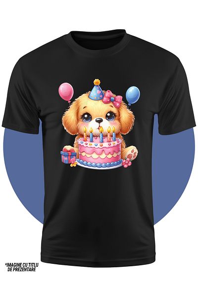 StoryGift Romania Children's T-shirt with a surprised puppy, illustration, balloons, helmet, bow, cake with candles a
