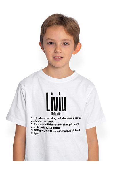 StoryGift Romania Tricou Copii Baieti Cu Numele Liviu, Cu Mesaj Amuzant, Curios, Sociabil, Galagios 100% Bum