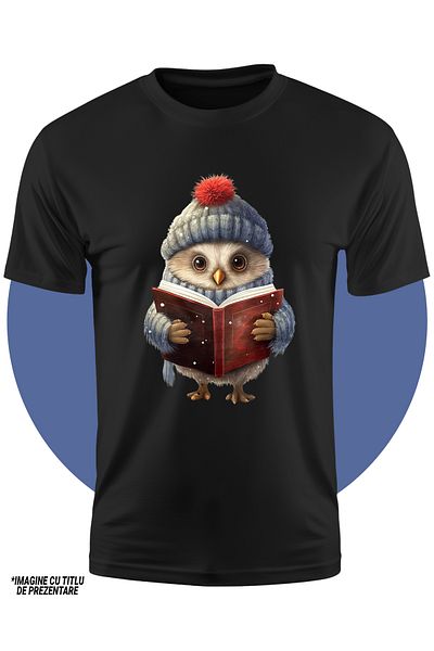 StoryGift Romania Tricou Copii cu o bufnita care tine o carte deschisa, frig, haine groase, caciula, lectura