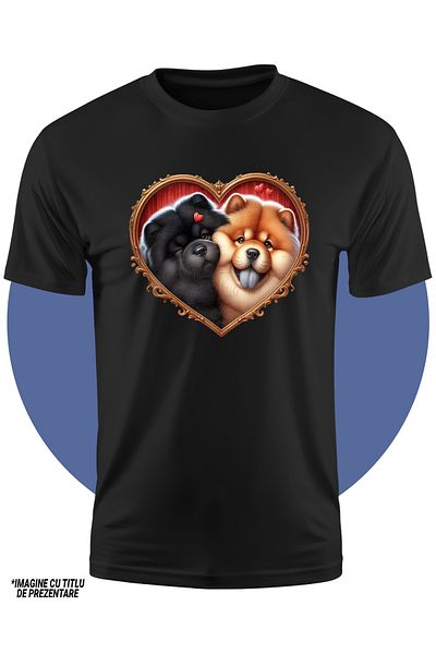 StoryGift Romania Tricou Copii Cu O Catelusa Si Un Caine Chow Chow, Ilustratie, Cadru In Forma De Inima, Mar