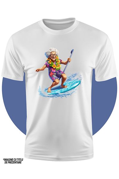 StoryGift Romania Tricou Copii Cu O Femeie In Varsta Care Se Da Cu Placa De Surf, Sport Extrem, Energica, Fl