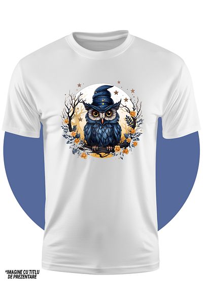 StoryGift Romania Tricou Copii Cu O Bufnita Cu Palarie De Vrajitoare, Ilustratie, Stelute, Cerc, Ramura, Flo