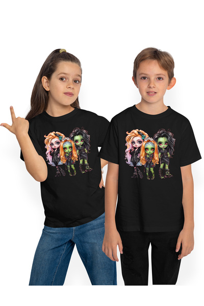 StoryGift Romania Kids T-shirt with girls in different Halloween costumes, zo...