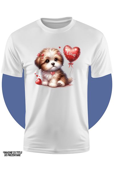 StoryGift Romania Tricou Copii Cu O Catelusa Blanoasa, Ilustratie, Timida, Balon, Inimioare, Iubire, Afectiu