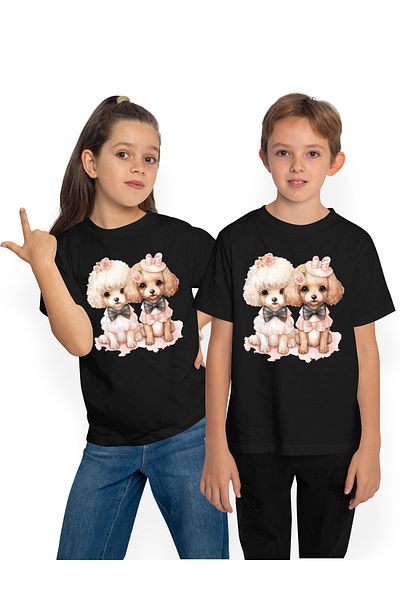 StoryGift Romania Children's T-shirt with a puppy and a dog, illustration, flowers, good-natured, listen to their masters,