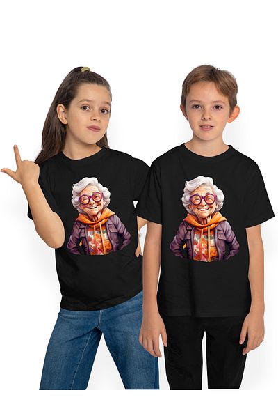 StoryGift Romania Children's T-shirt with a cheerful grandmother, illustration, flowered sweatshirt, glasses, like in youth,