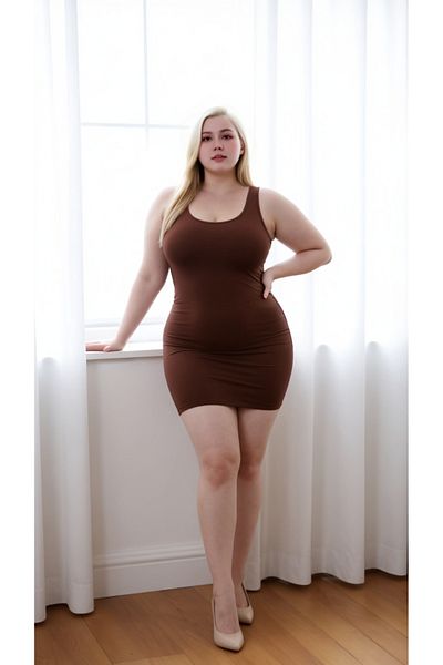 SUHIS Brown Plus Size Fitted Lycra Knitted Mini Dress