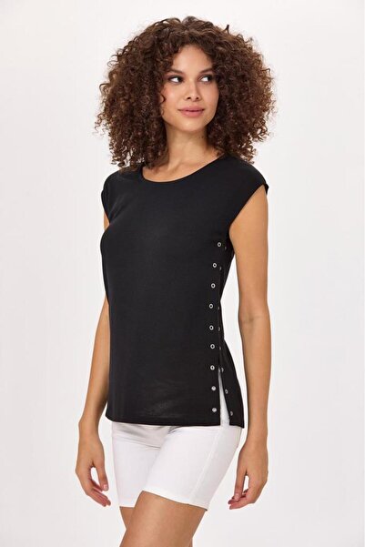 İKİLER Kuşgözü Detaylı Yuvarlak Yaka Bluz 025-1007