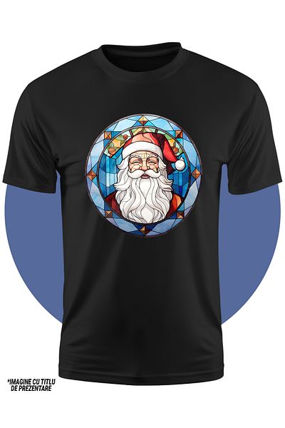 StoryGift Romania Tricou Copii cu Mos Craciun, ilustratie, stil mozaic, cerc, sticla, globulete, vesel, bucu