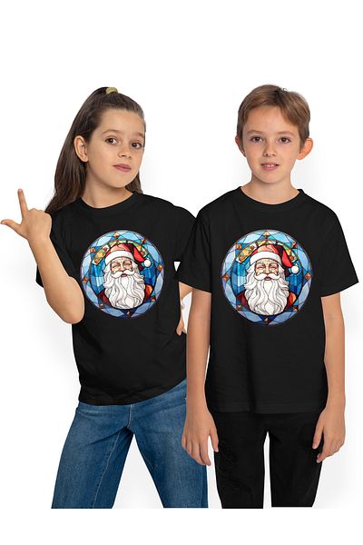 StoryGift Romania Tricou Copii cu Mos Craciun, ilustratie, stil mozaic, cerc, sticla, globulete, vesel, bucu