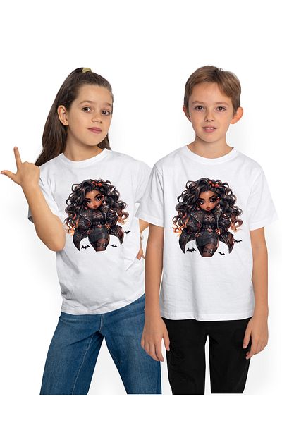 StoryGift Romania Children's T-shirt with a colored girl, illustration, beautiful, bats, long hair, makeup, ice
